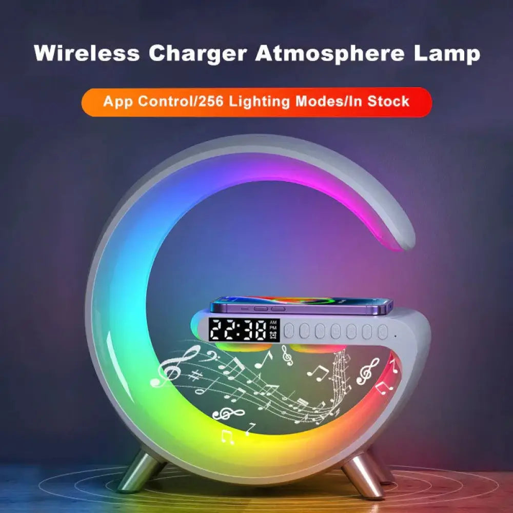 A sleek white plastic g-shape smart ambient light with c-shaped wireless charger and vibrant rainbow led lighting