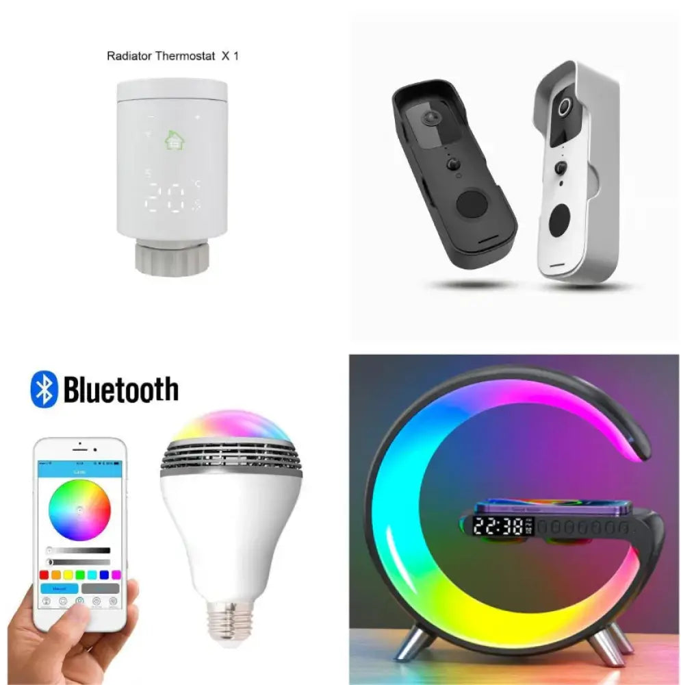 White cylindrical radiator thermostat with digital display and green led indicator for g-shaped led lamp with bluetooth speaker and wireless charger