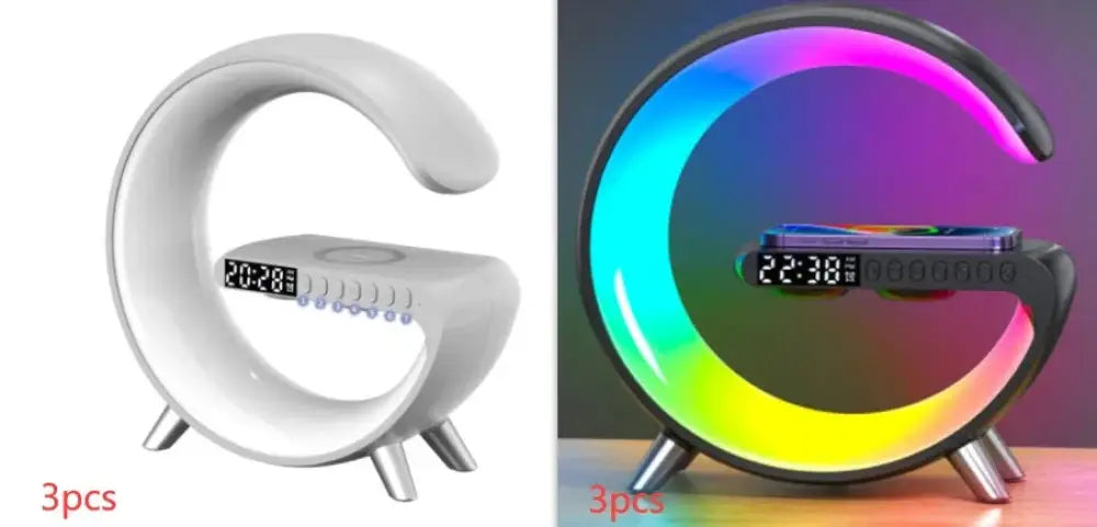 White crescent-shaped g-shaped LED lamp with Bluetooth speaker wireless charger and three metallic feet minimalist design