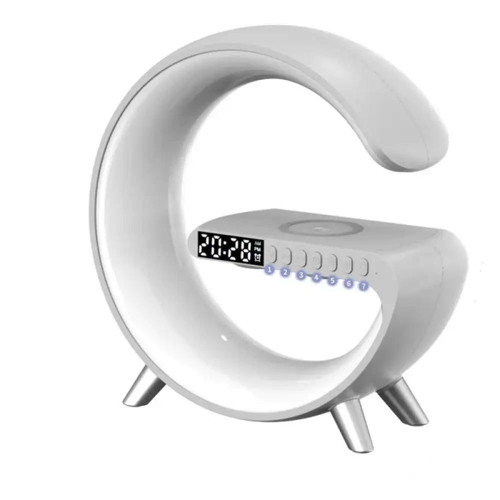 White crescent-shaped g-shape smart ambient light digital clock with bluetooth speaker silver legs and charger