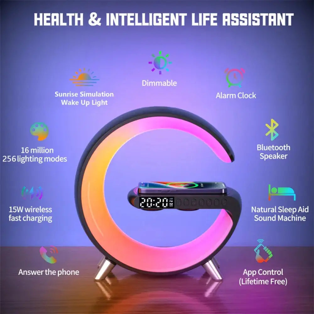 G-shape smart ambient light with c-shaped design, glowing led ring, bluetooth speaker, and wireless charging pad