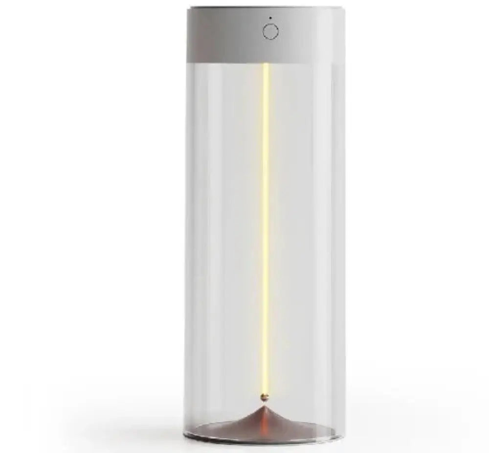 A rechargeable led filament camping lantern with a silver glass body and vertical yellow light beam, featuring type-c charging