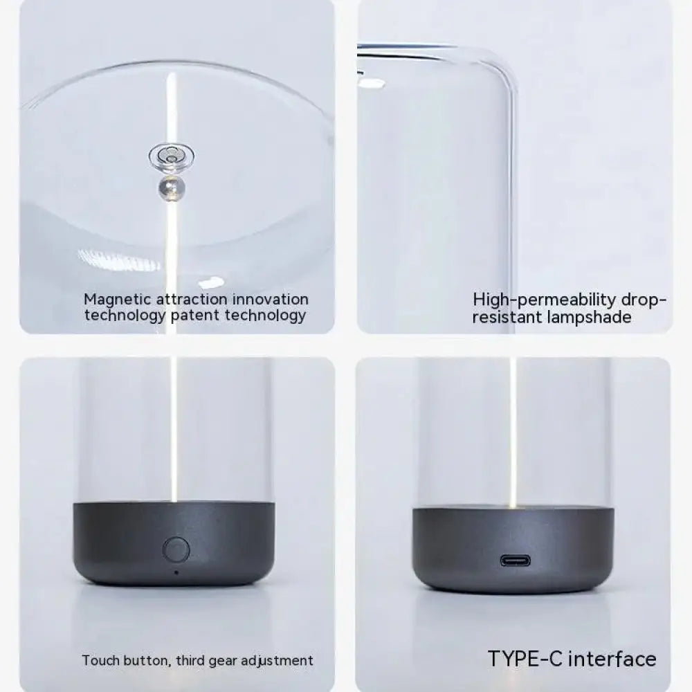 Rechargeable led filament camping lantern with transparent cylinder, matte black base, touch button, and type-c charging port