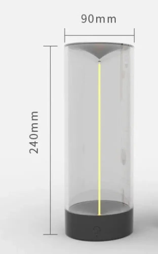 Transparent cylindrical glass hourglass with yellow sand stream and black base used as rechargeable led filament camping lantern with type-c charging