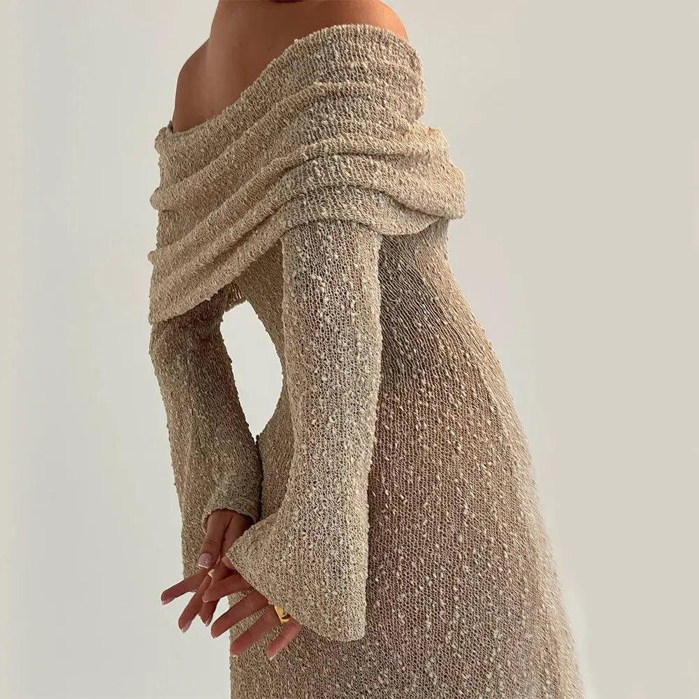 Beige shimmering one shoulder knit maxi beach dress with textured fabric long sleeves and off the shoulder design