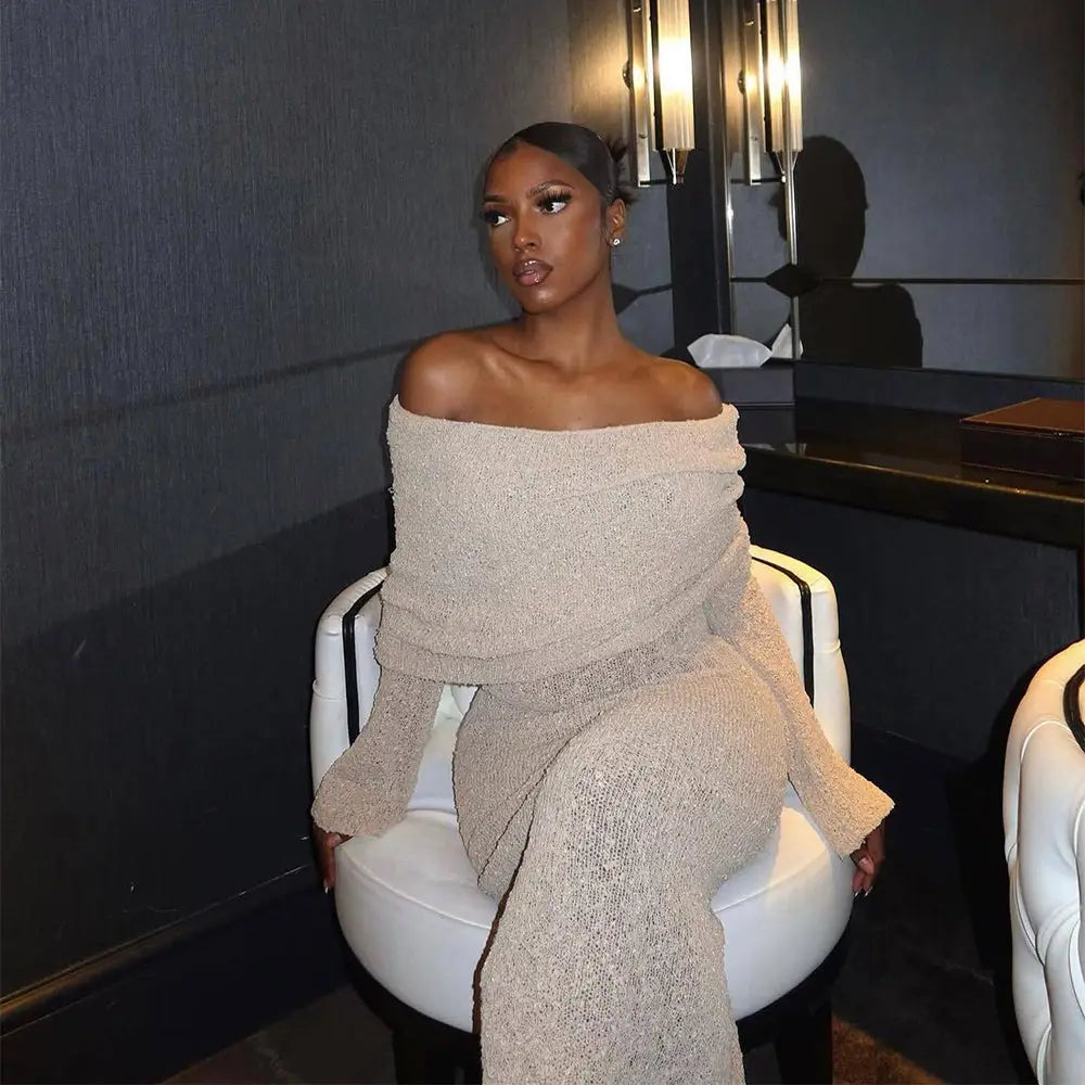 Beige off-the-shoulder knit two-piece set with textured shimmering fabric suitable for beachwear