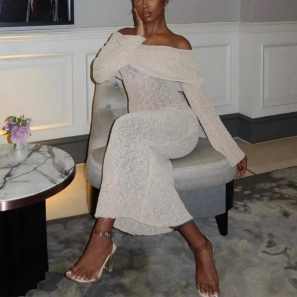 Shimmering one shoulder knit maxi Beach dress beige Black / S