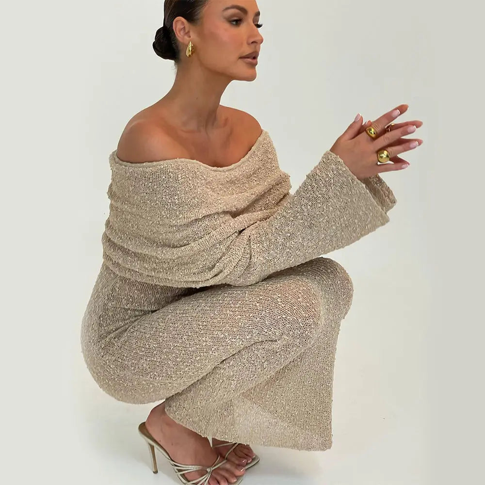 Beige shimmering knit two-piece set with off-the-shoulder top and wide-leg pants suitable for beachwear