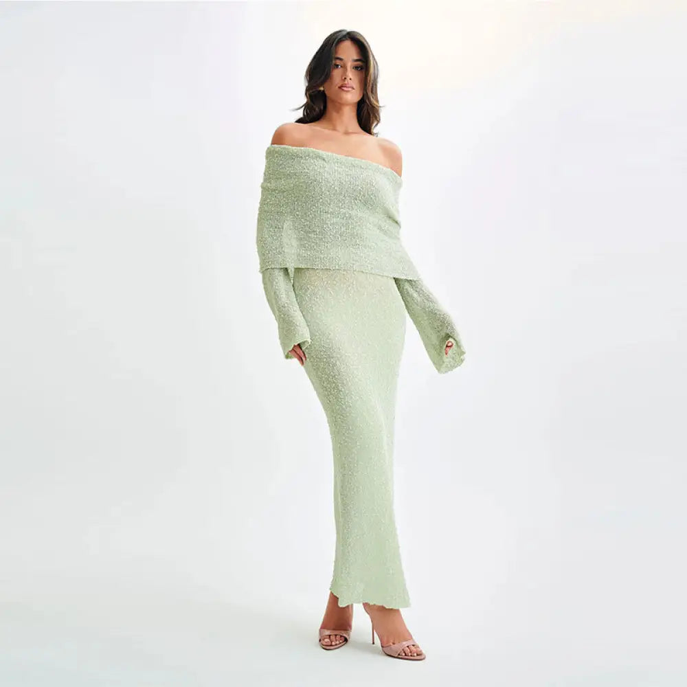 A shimmering mint green off-the-shoulder knit two-piece set with sequined textured top and high-waisted skirt