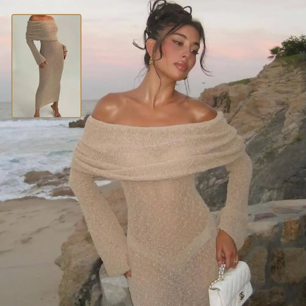 Beige off-the-shoulder shimmering knit maxi beach dress with long sleeves and textured fabric