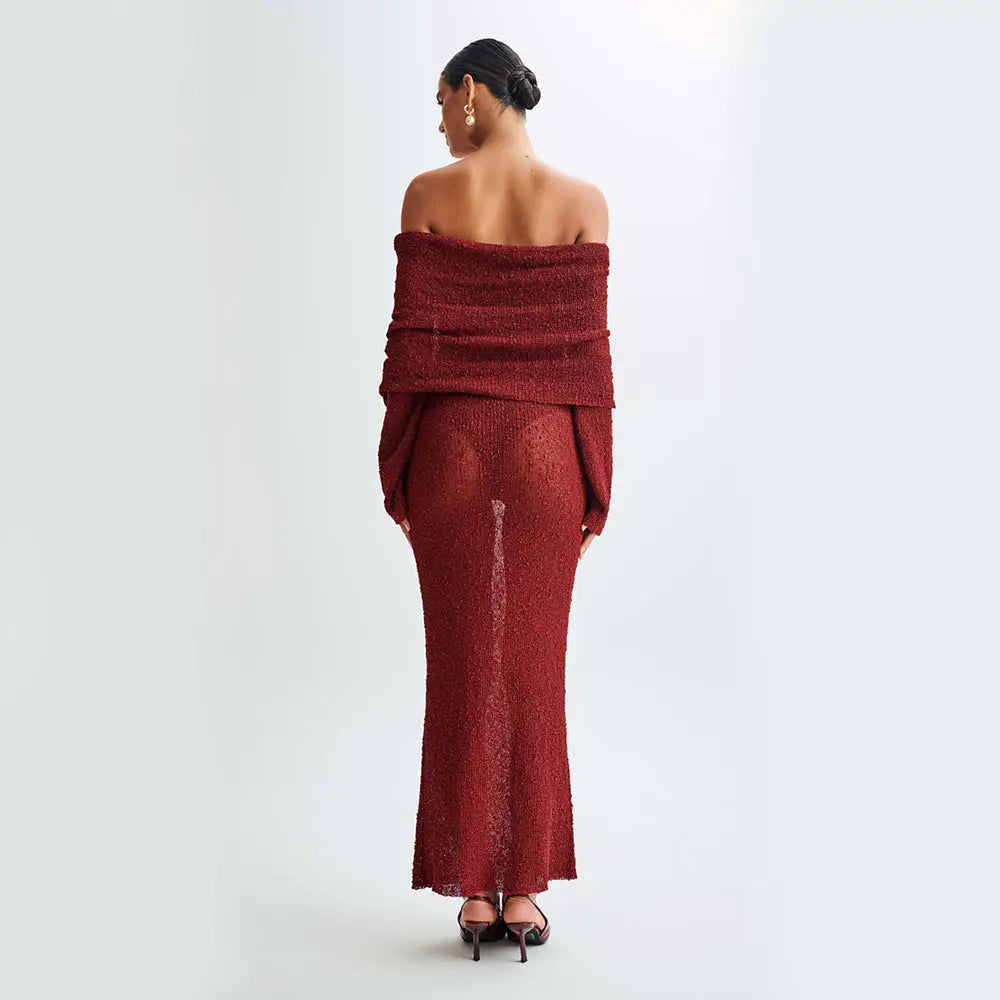 A shimmering burgundy off the shoulder knit maxi beach dress with ribbed textured fabric and long sleeves