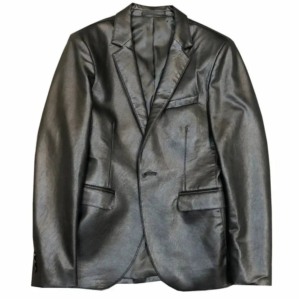 Men’s slim fit Korean polo collar black PU leather jacket with sleek matte finish and classic single-breasted design