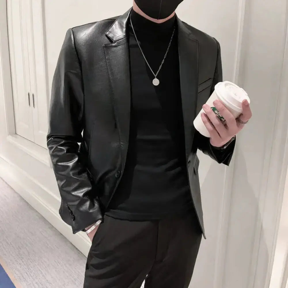 Men’s slim fit korean polo collar black pu leather jacket with sleek glossy finish and structured shoulders