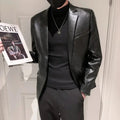 Black leather blazer featuring a slim fit and korean polo collar made from pu leather for men