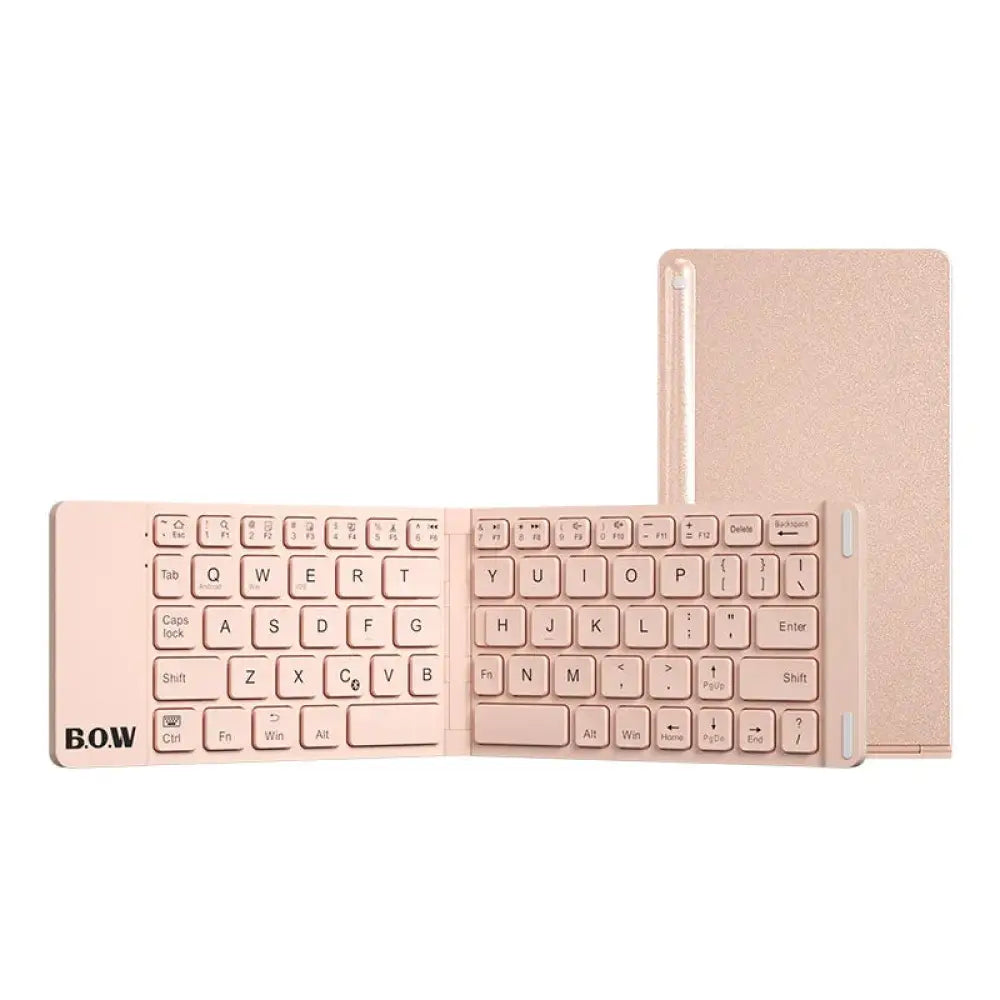 Rose gold bow foldable wireless keyboard with integrated tablet cover in Arbaglobal folding Bluetooth keyboard and mouse set
