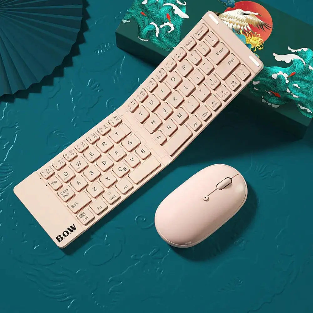 Beige folding bluetooth keyboard and mouse set by arbaglobal with b.o.w. logo designed for portable use