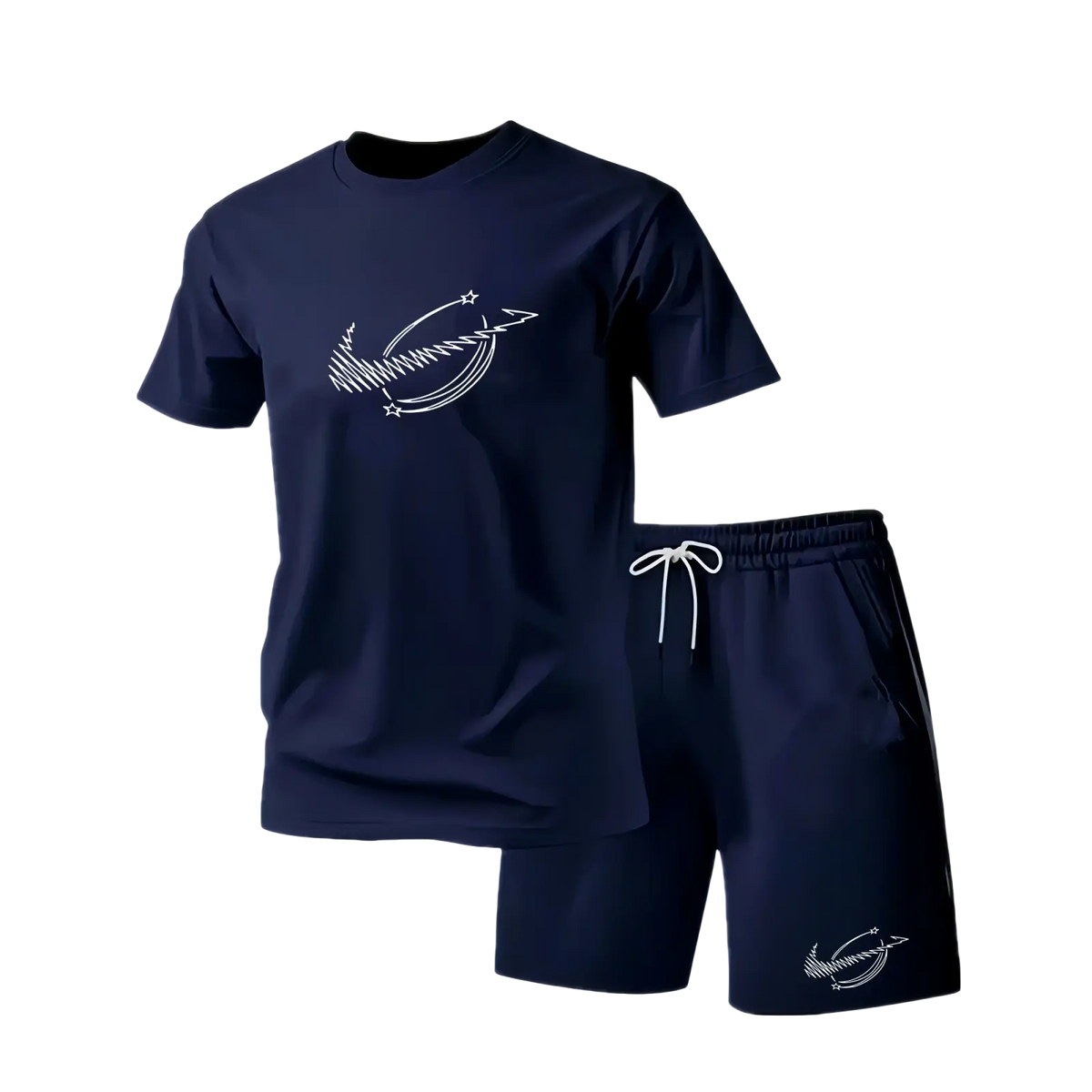 Navy blue men’s summer athletic two-piece sportswear set with white graphic logo on t-shirt and shorts for workouts