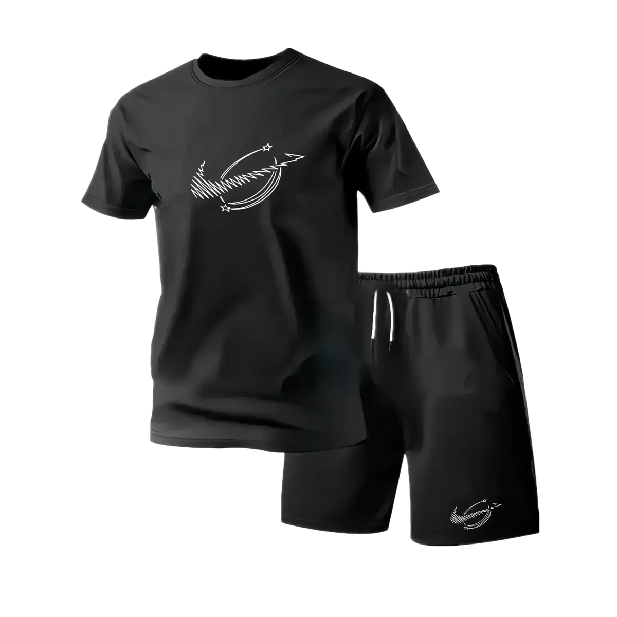 Black summer fitness sportswear two-piece set with short-sleeved polyester t-shirt and matching shorts with closure type