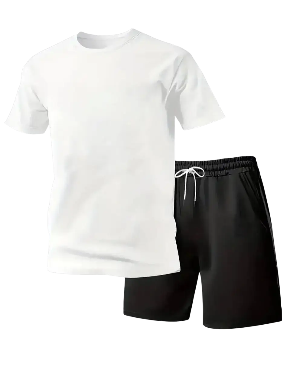 Men’s summer athletic two-piece sportswear set with white short-sleeved t-shirt and black drawstring shorts
