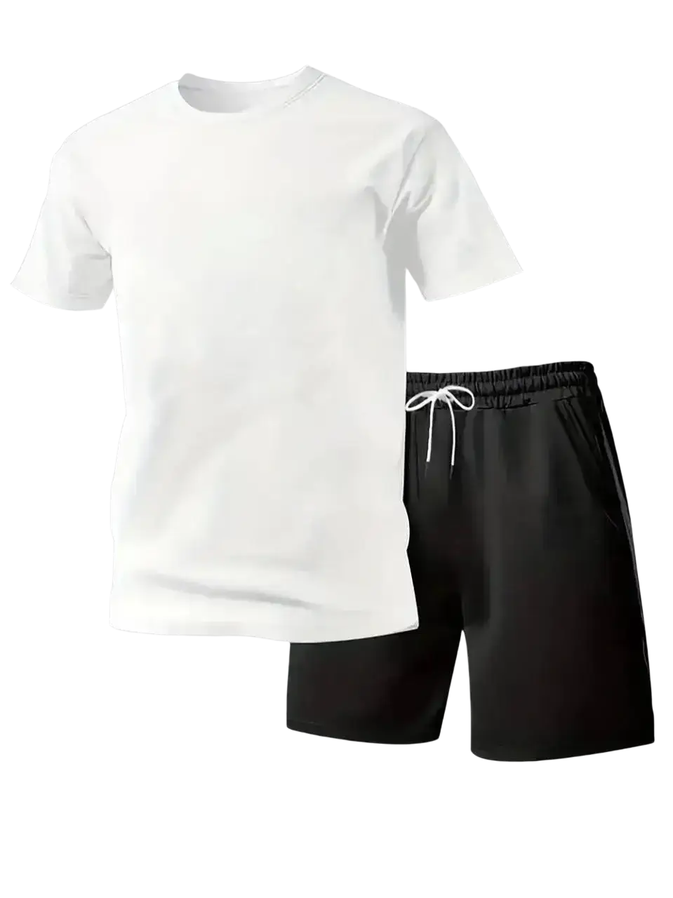 White crew-neck short-sleeved t-shirt and black drawstring shorts polyester summer fitness sportswear breathable quick-drying