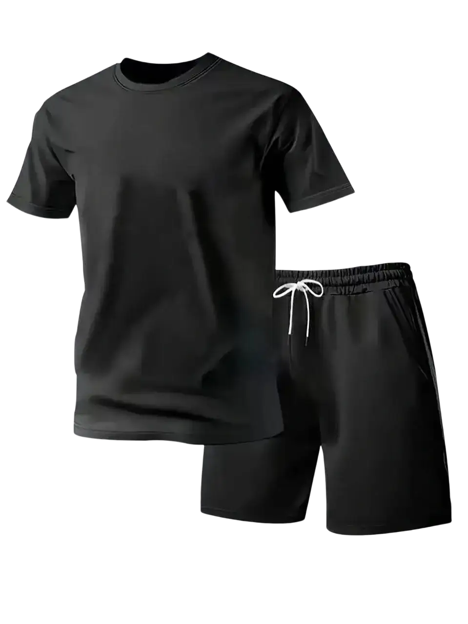Men’s summer athletic two-piece sportswear set in black short-sleeved t-shirt and shorts with white drawstring waistband