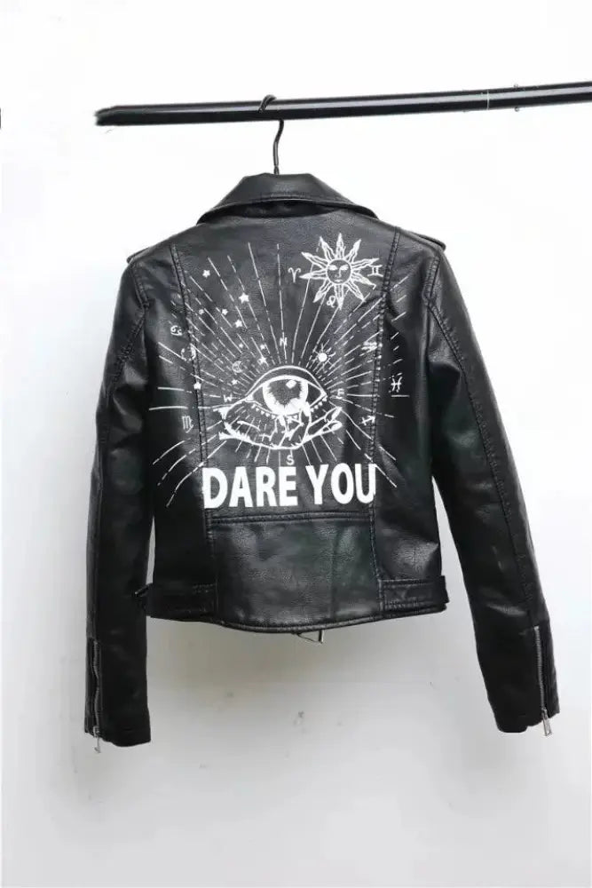 Back of studded eye embroidered black faux leather biker jacket with white eye graphic and zodiac symbols design