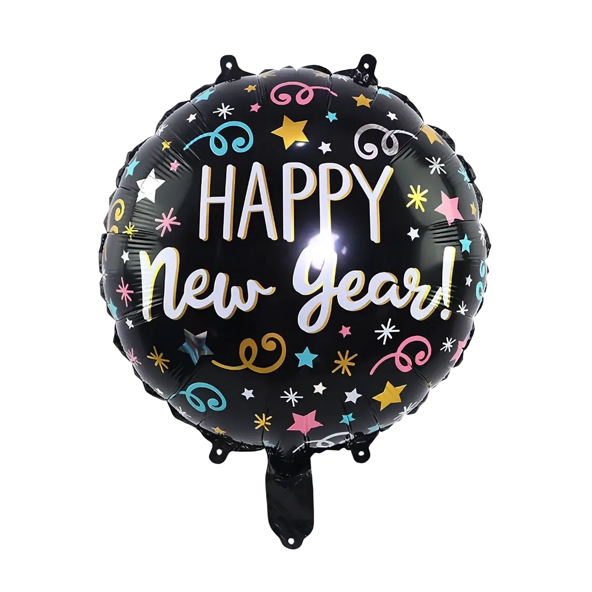 New year foil balloon in black foil with happy new year printed in white and gold, featuring colorful stars and swirls