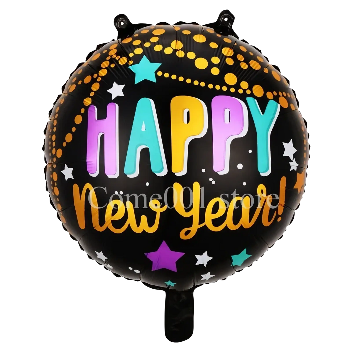 Black foil balloon with happy new year colorful gradient letters gold dots and stars new year foil balloon and party decoration set