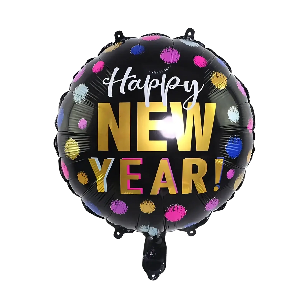 Black foil balloon with happy new year in gold and white lettering and colorful polka dots for party decoration set