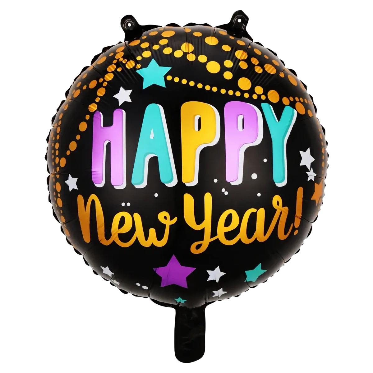 Black foil balloon with happy new year colorful gradient letters gold polka dots new year party decoration set