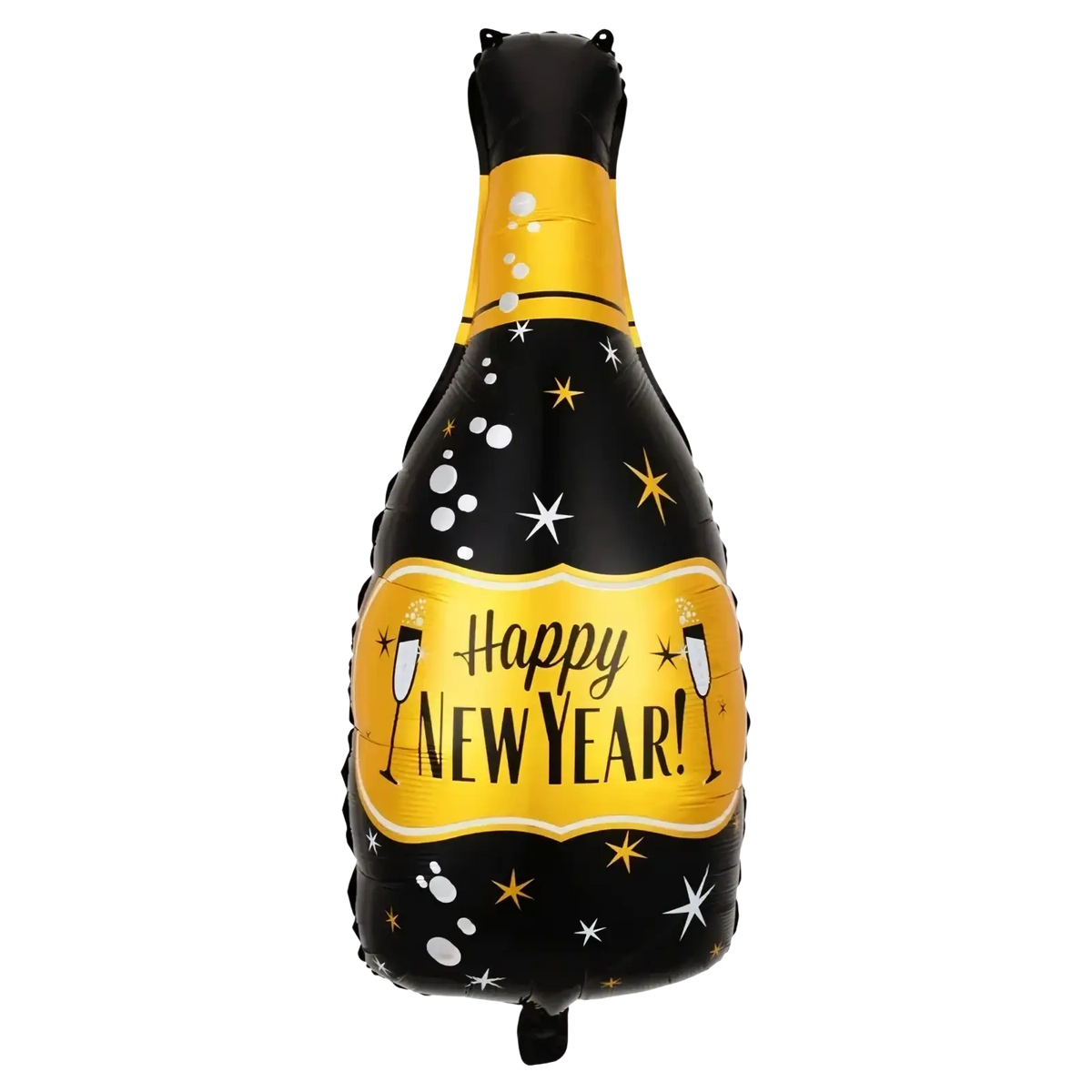 New year foil balloon and party decoration set featuring a black and gold champagne bottle shaped foil balloon with happy new year label