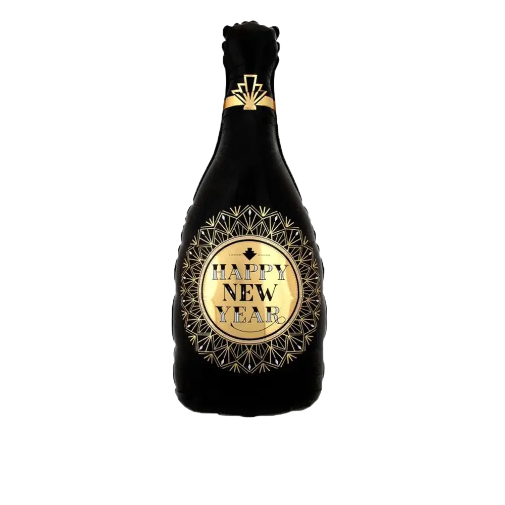 New year foil balloon in black and gold with art deco design celebrating champagne party decoration set