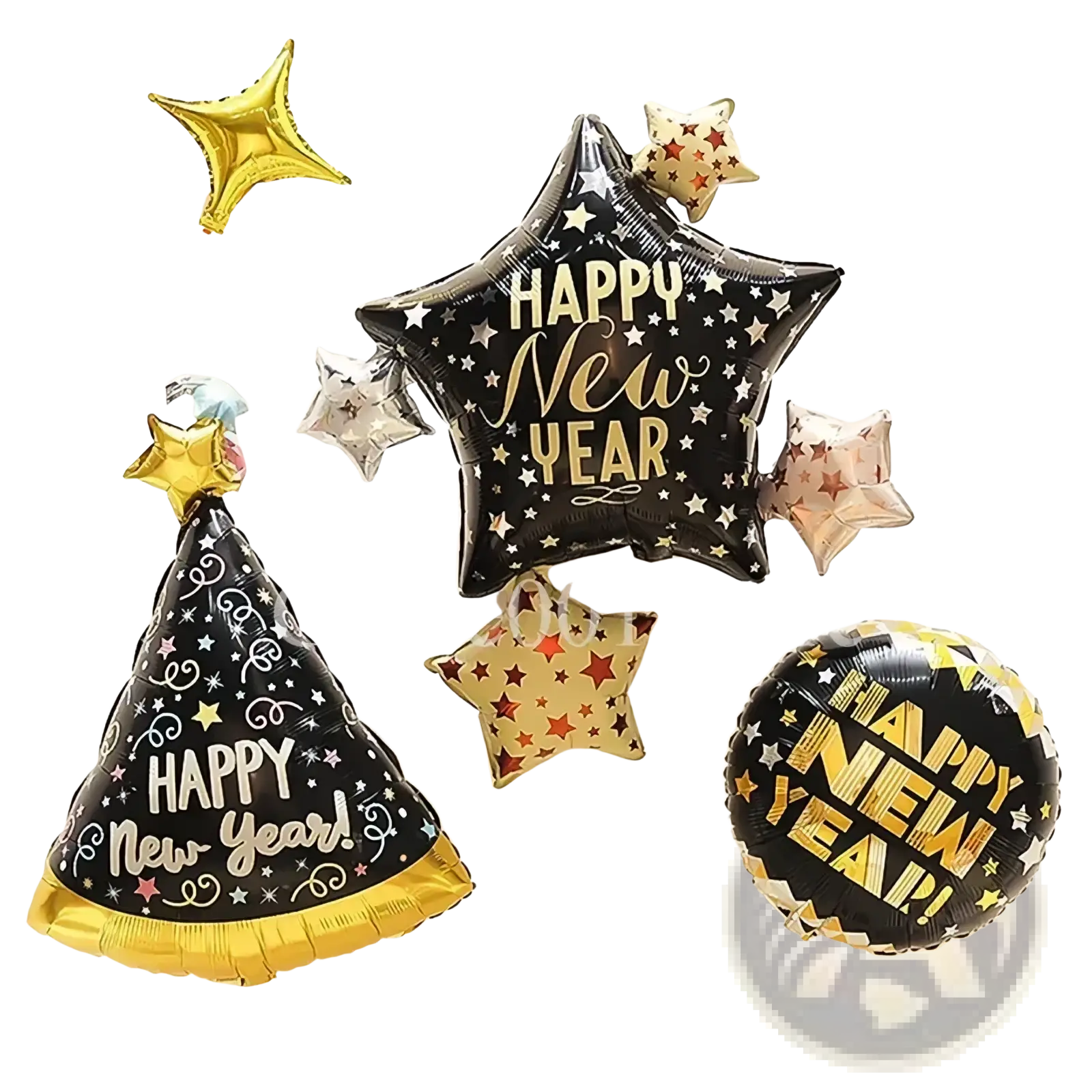 Black and gold happy new year foil balloon with star patterns in a new year foil balloon and party decoration set
