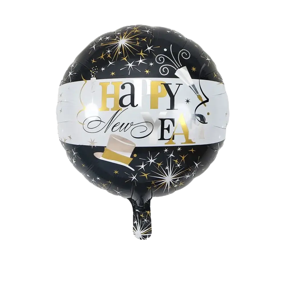 Black and gold foil new year balloon with happy new year text and festive fireworks design for party decoration