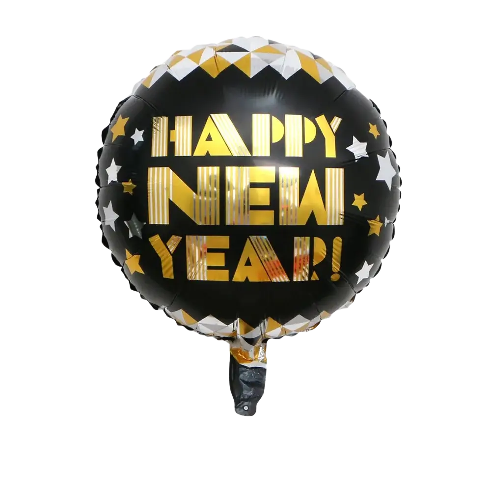 Black and gold New Year foil balloon with shiny metallic finish and star patterns for party decoration set
