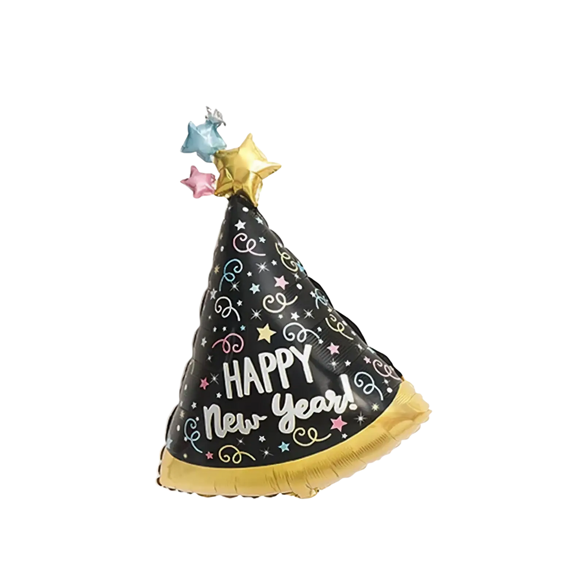 New year foil balloon and party decoration set featuring a black happy new year party hat balloon with gold trim and colorful stars