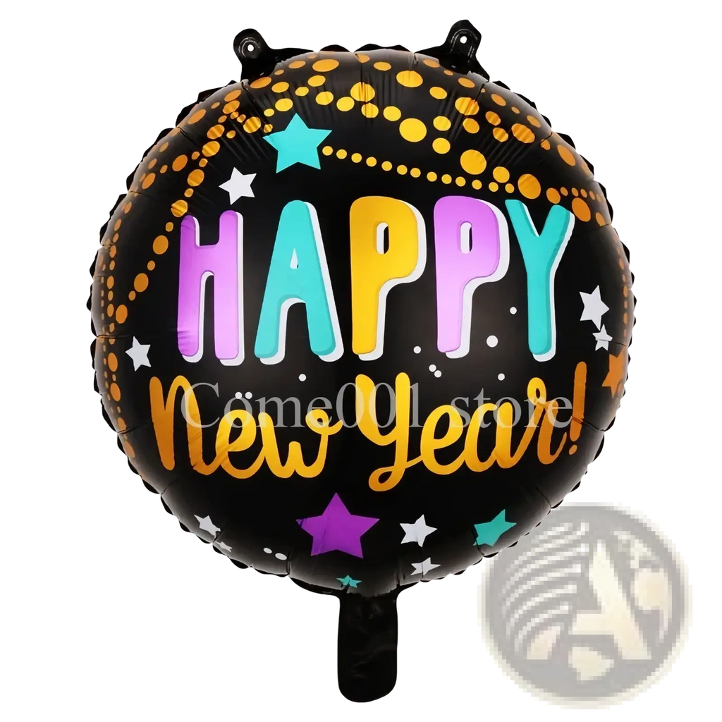 Black foil balloon with happy new year colorful gradient letters gold dots and stars new year foil balloon and party decoration set