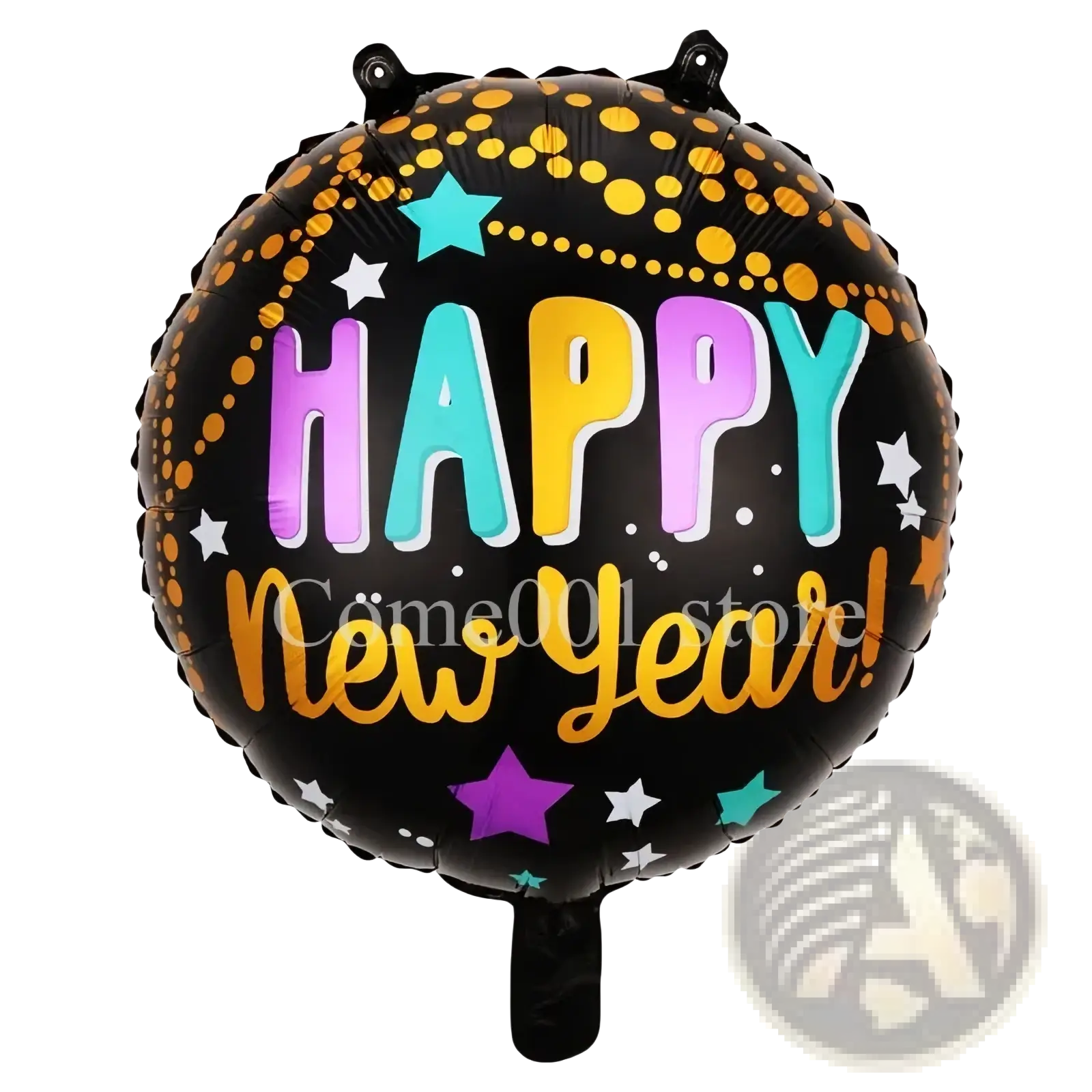 Black foil balloon with happy new year colorful gradient letters gold dots and stars new year foil balloon and party decoration set