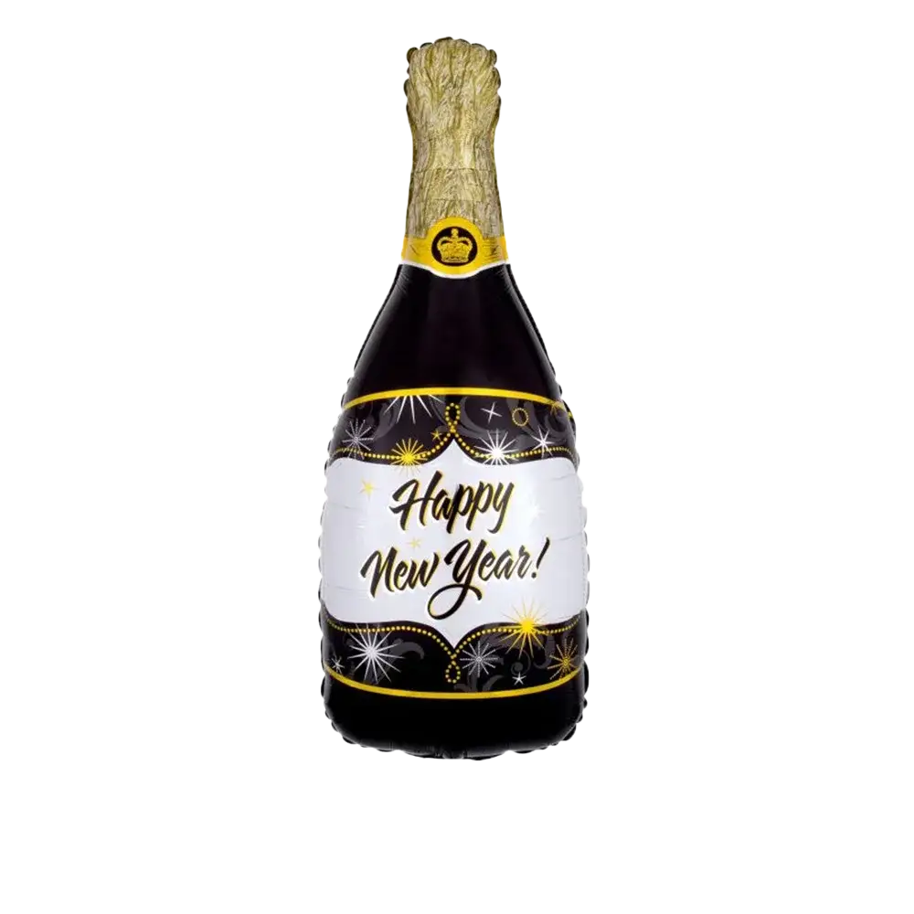 Black inflatable champagne bottle foil balloon with gold accents and happy new year label for party decoration set