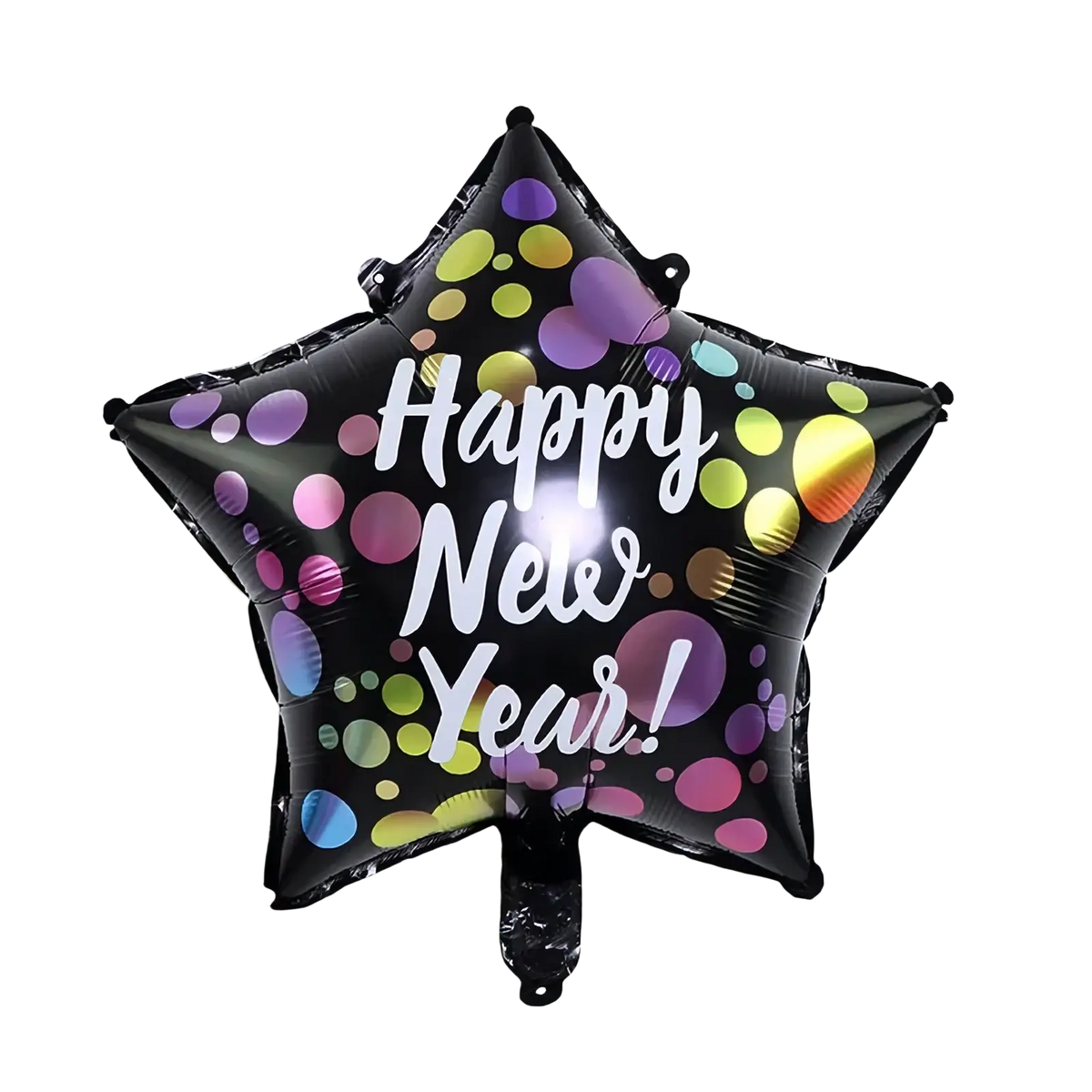 Black star-shaped New Year foil balloon with happy new year script and colorful iridescent polka dots for party decor
