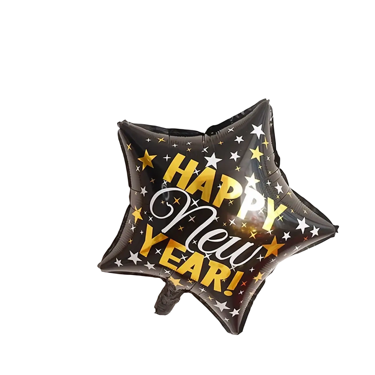 Black star-shaped foil balloon with happy new year printed in gold and white with silver and gold stars in a party set