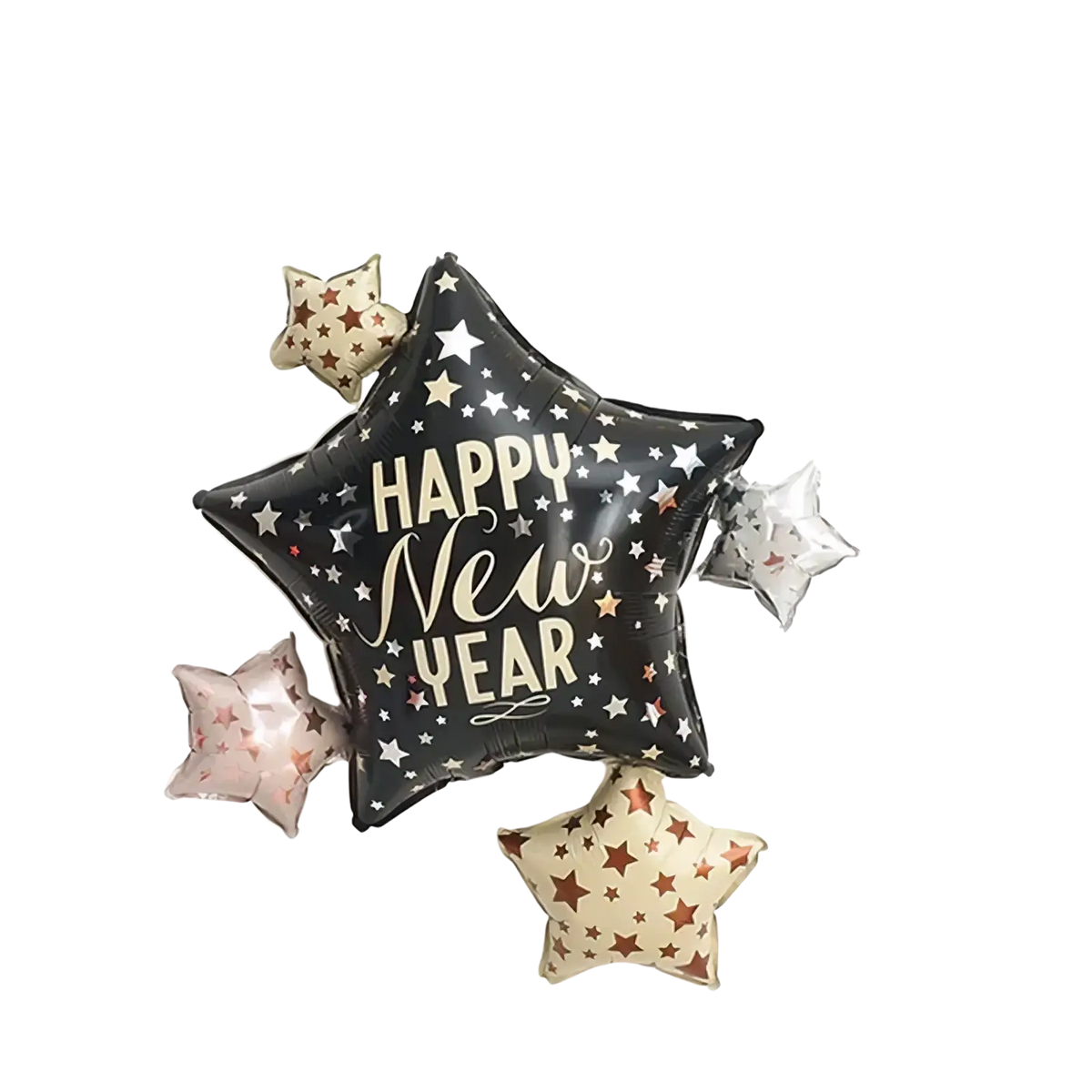 New Year foil balloon set featuring black star balloon with gold happy new year script and metallic rose gold silver stars