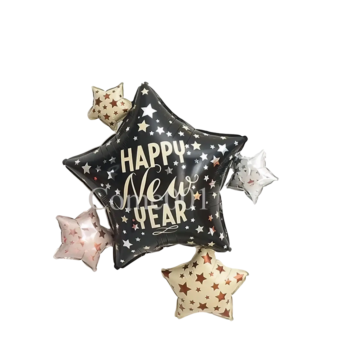 Black star-shaped foil balloon with happy new year in gold script and white stars surrounded by metallic star balloons