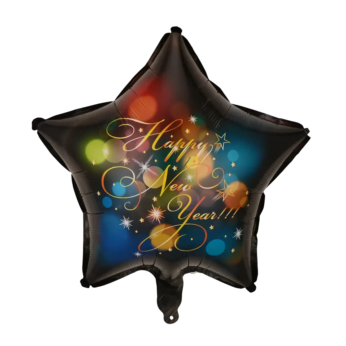 Black star-shaped foil balloon with happy new year in gold cursive and colorful bokeh lights new year party decoration set