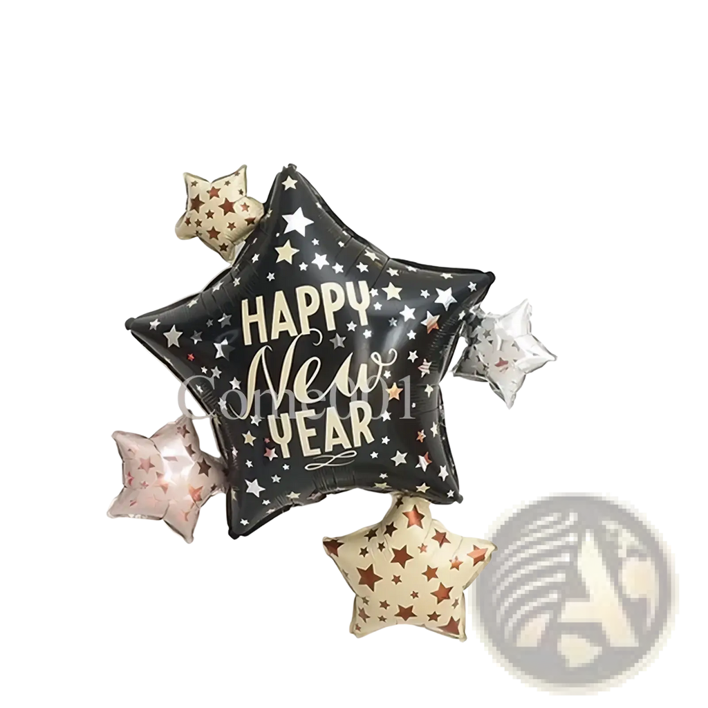 Black star-shaped foil balloon with happy new year in gold script and white stars surrounded by metallic star balloons