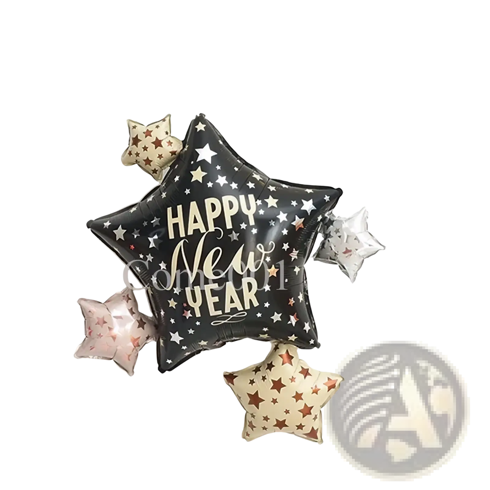 Black star-shaped foil balloon with happy new year in gold script and white stars surrounded by metallic star balloons
