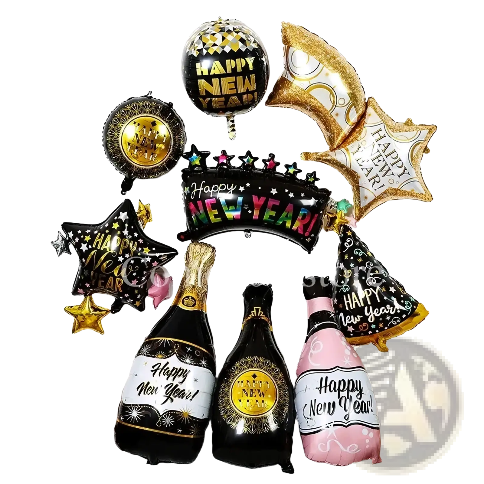 New year foil balloon and party decoration set featuring black gold and pink festive balloons printed with happy new year