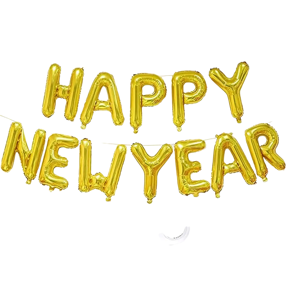 Gold foil balloon letters spelling happy new year hanging on a string for new year foil balloon party decoration set