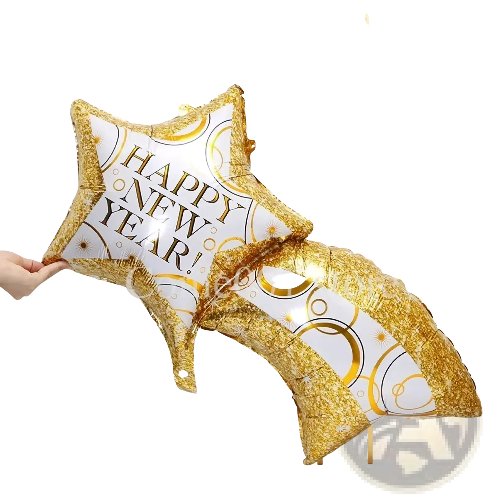 New year foil balloon and party decoration set featuring a gold and white star-shaped foil balloon with happy new year print