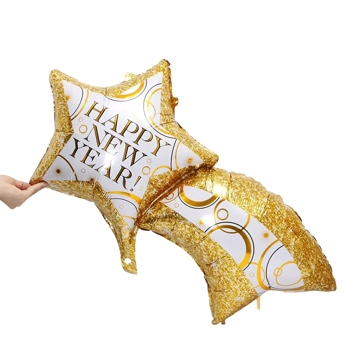 New Year foil balloon star shaped in gold and white with happy new year printed foil party decoration set